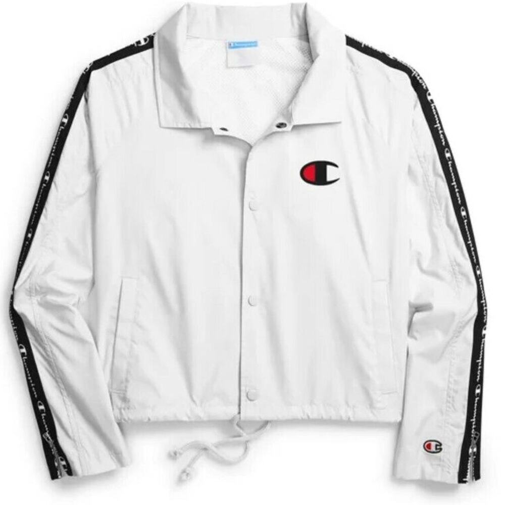 Champion Jacket  Women L Cropped White Snap Tape Coaches Windbreaker Athletic